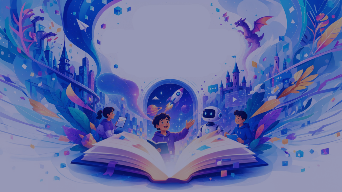 Illustrated children exploring an imaginative AI storytelling world around an open book